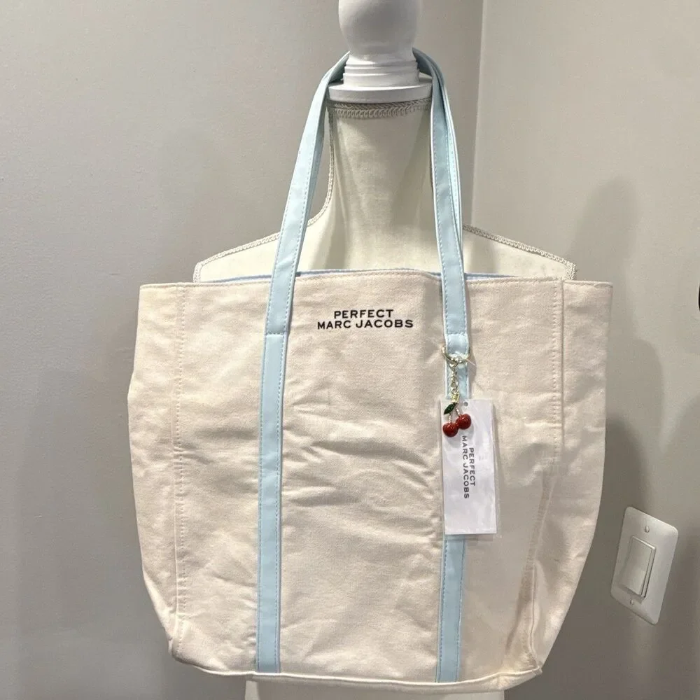 Marc Jacobs Perfect Tote Bag Ivory Light Blue Handles Cherry Charm Gold Hardware